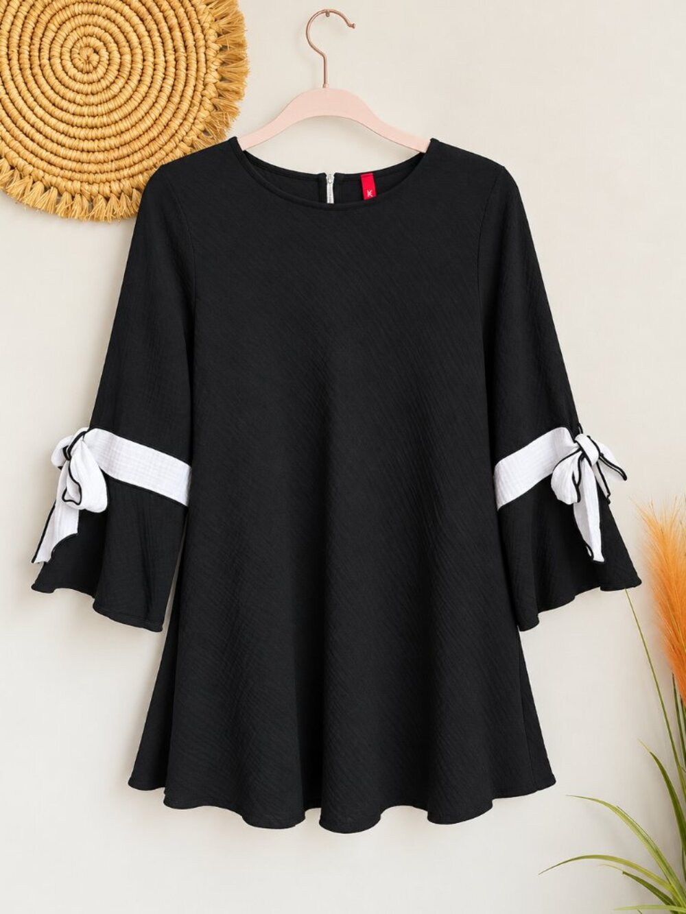 IC Collection by Connie K NEW Black Cotton Gauze Bow Bell Sleeve Tunic SZ Medium